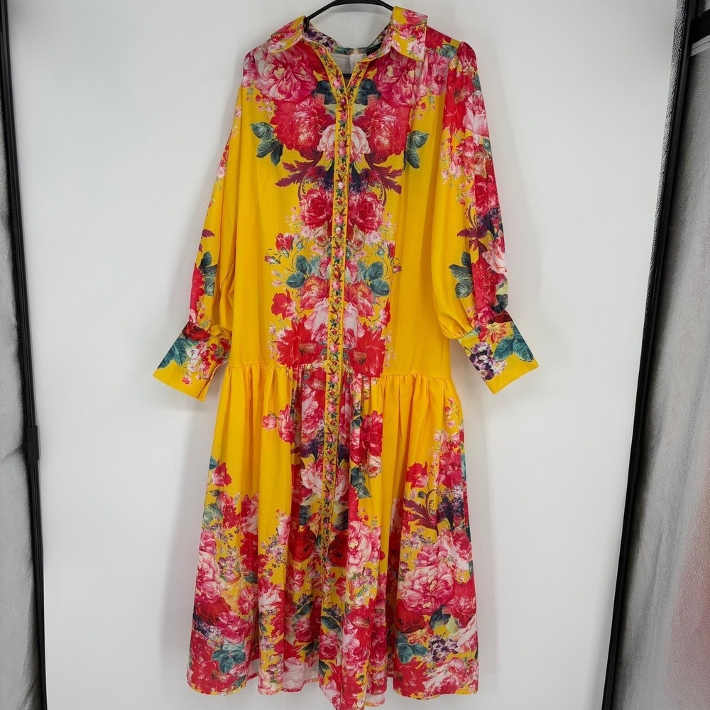 Dalia MacPhee D1823 Orange Multi Floral Print Button Down Shirt Dress Midi Sz S